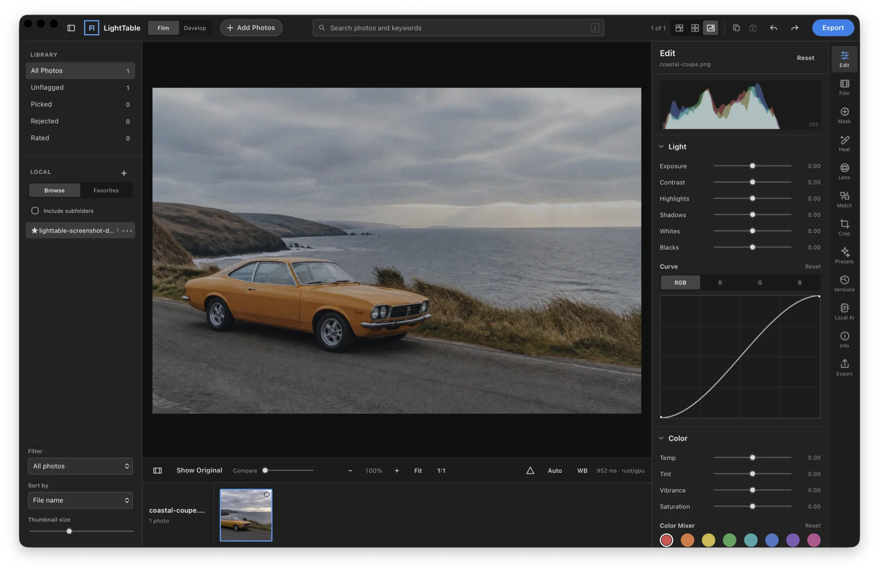 LightTable Edit workspace with exposure, color, detail, and geometry controls
