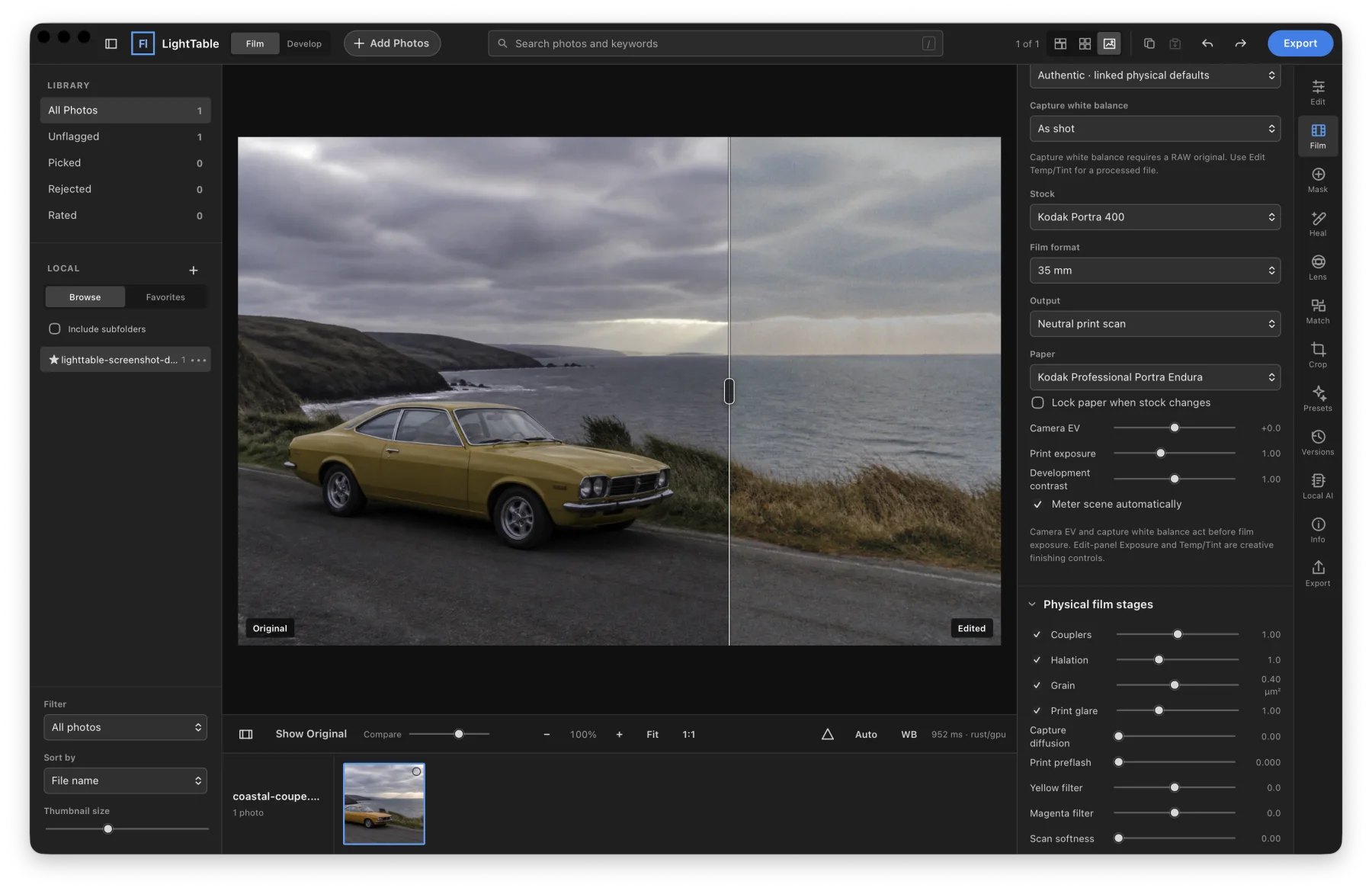 LightTable's native macOS Film workspace showing film stock and physical print controls