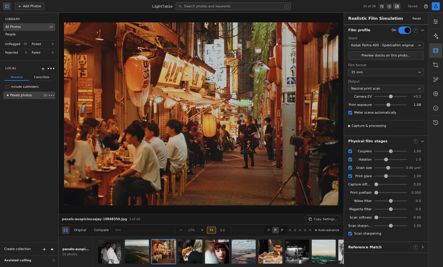 The native Linux LightTable Film workspace showing a desert photograph and film controls