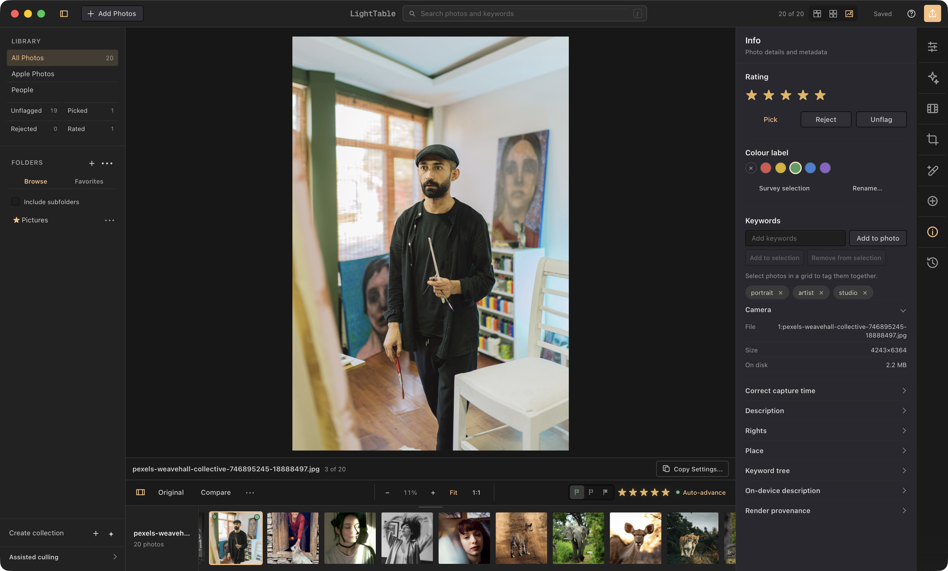 LightTable Photo info & keywords showing a painter in a colorful studio