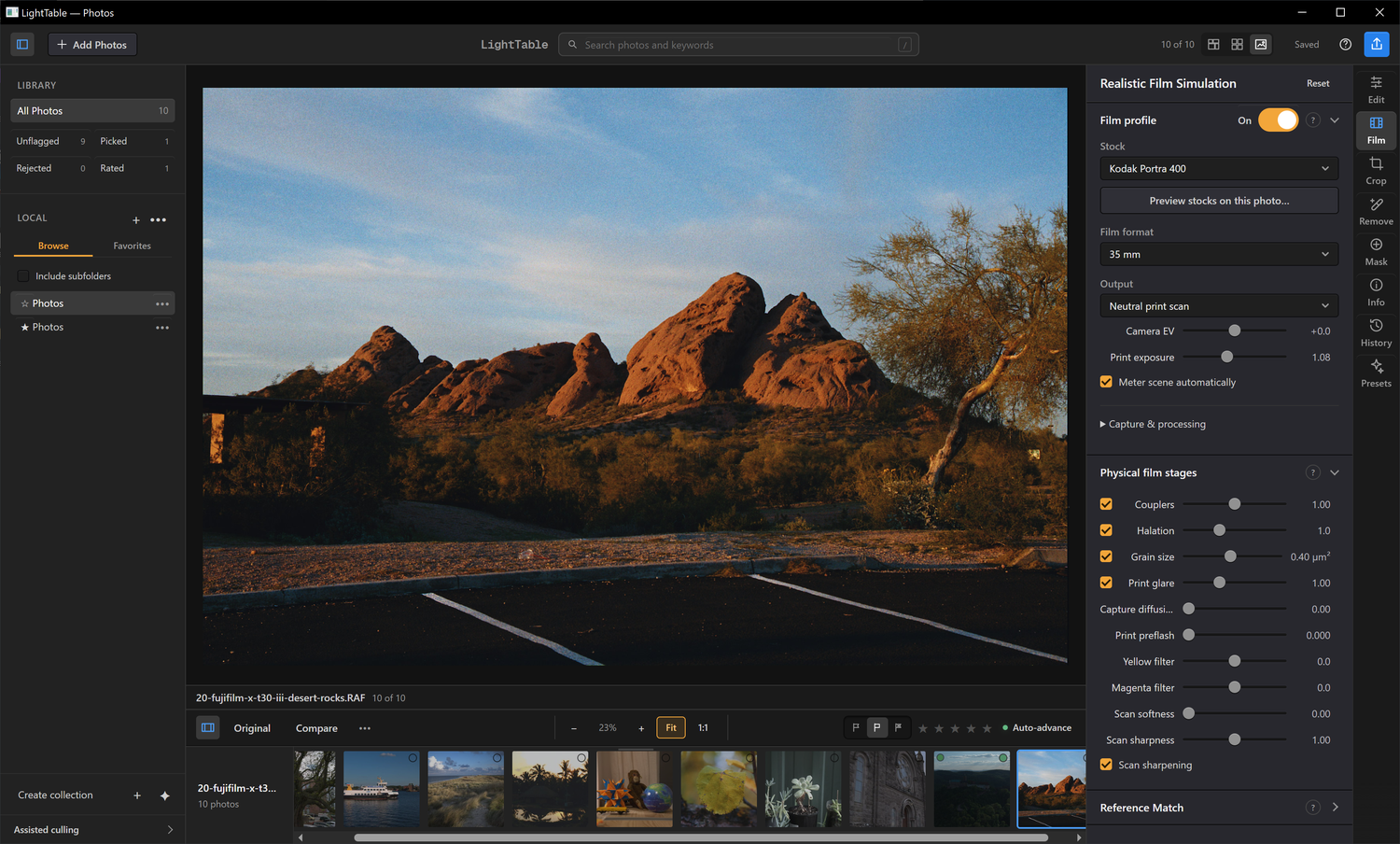 The native Windows LightTable Film workspace showing a desert photograph and film controls